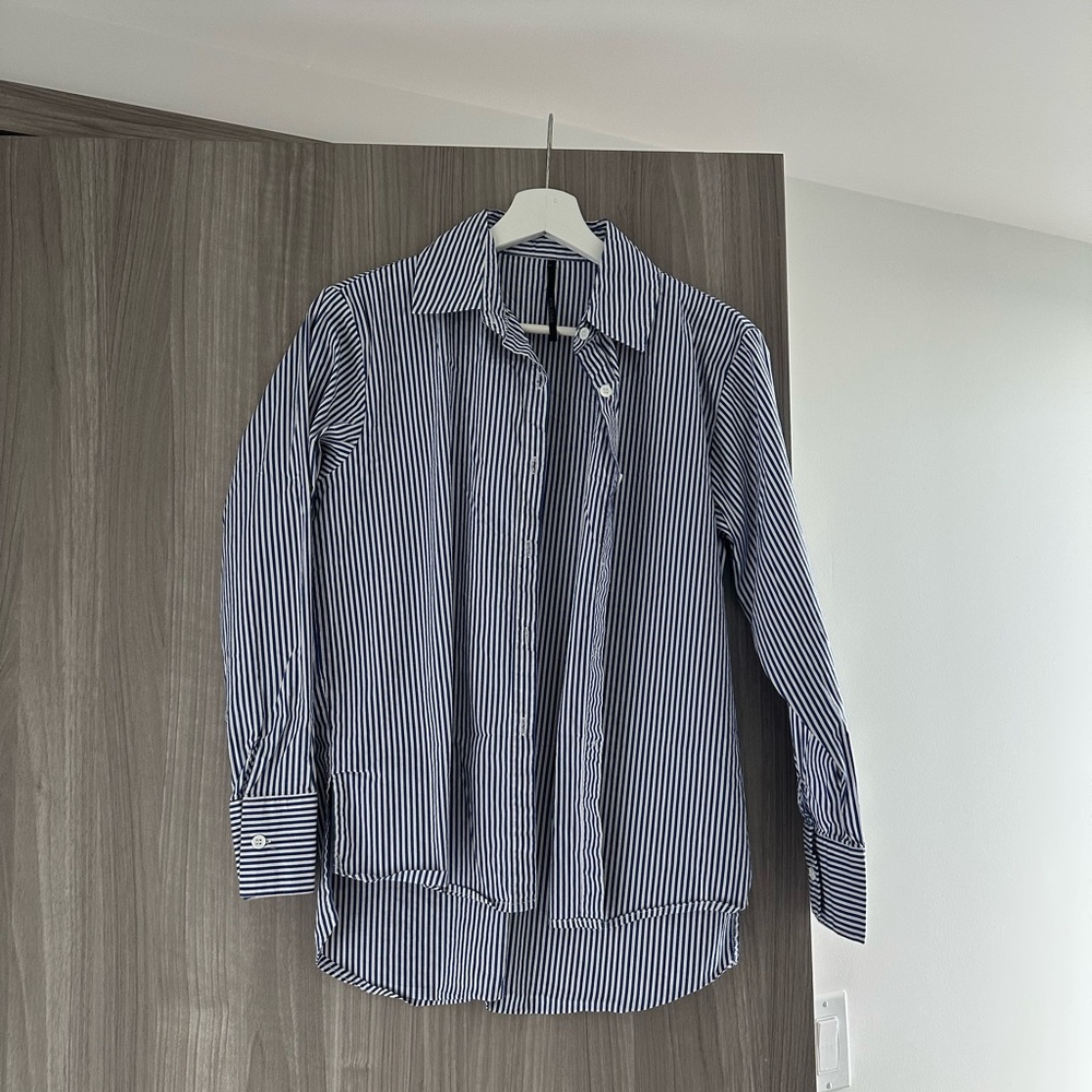 Oversized Blue & White Stripe Button-Up Shirt (Fits like S/M)